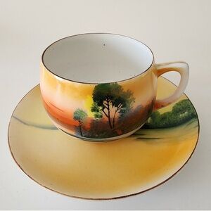 Chikaramachi Hand painted Teacup Saucer Lusterware Japan Art Vintage